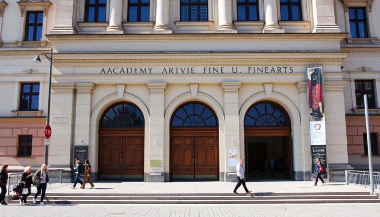 Budynek Akademii Sztuk Pięknych w Warszawie z widocznym wejściem głównym, gdzie jak dostać się na studia na Akademię Sztuk Pięknych jest głównym pytaniem kandydatów