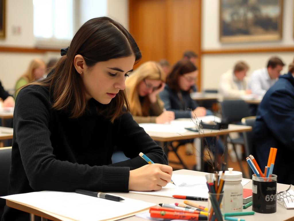 Kandydat pracujący nad zadaniem podczas egzaminu praktycznego na Akademię Sztuk Pięknych Kandydat pracujący nad zadaniem podczas egzaminu praktycznego na Akademię Sztuk Pięknych