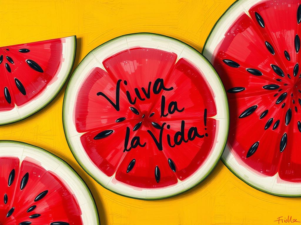 Obraz Viva la vida przedstawiający soczyste, przekrojone arbuzy z napisem 'Viva la vida' Obraz Viva la vida przedstawiający soczyste, przekrojone arbuzy z napisem 'Viva la vida'