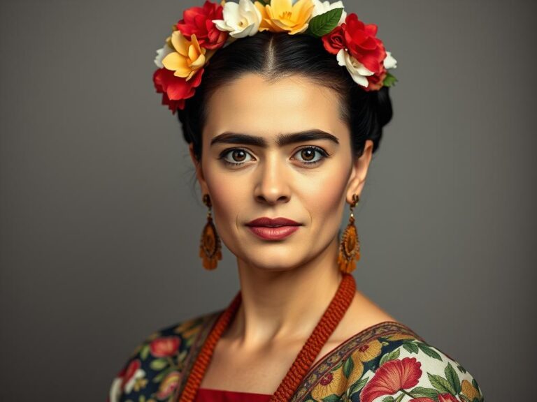 Portret Fridy Kahlo w tradycyjnym meksykańskim stroju z charakterystycznymi ozdobami we włosach