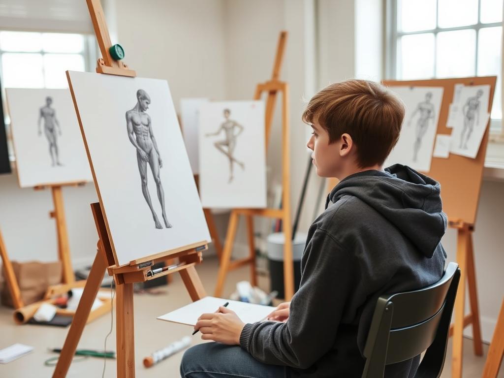 Proces tworzenia prac do portfolio na studia na Akademię Sztuk Pięknych - student rysujący studium postaci Proces tworzenia prac do portfolio na studia na Akademię Sztuk Pięknych - student rysujący studium postaci