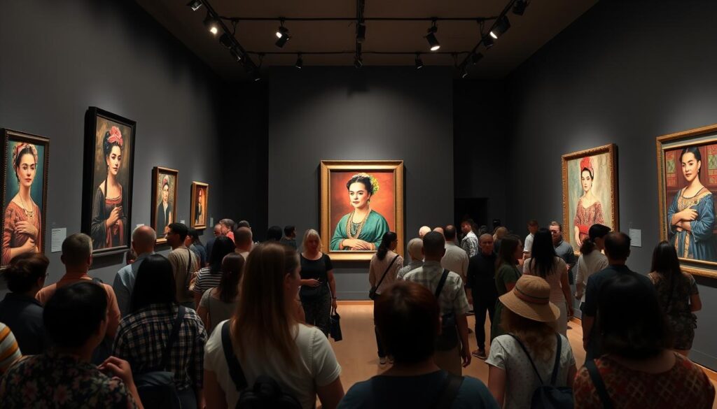 Współczesna wystawa prac Fridy Kahlo w muzeum z tłumem zwiedzających Współczesna wystawa prac Fridy Kahlo w muzeum z tłumem zwiedzających