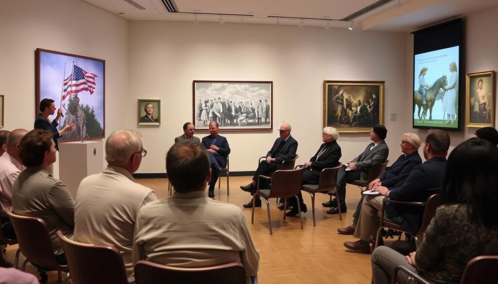 Dyskusja panelowa na temat granic między sztuką patriotyczną a propagandą Dyskusja panelowa na temat granic między sztuką patriotyczną a propagandą