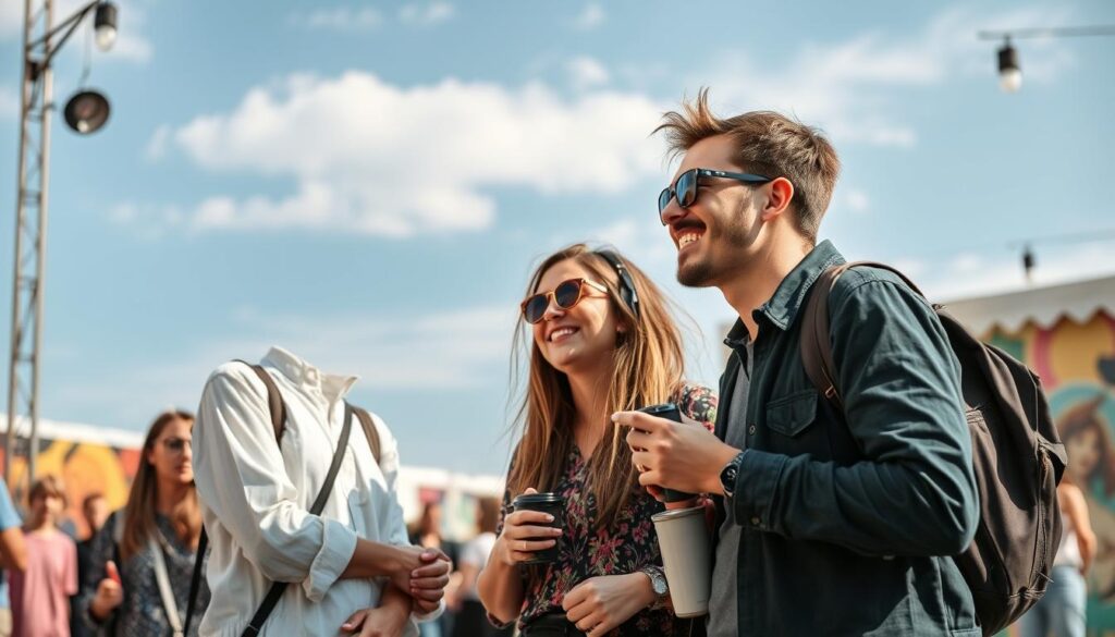 Grupa przyjaciół ciesząca się atmosferą festiwalu artystycznego w Polsce Grupa przyjaciół ciesząca się atmosferą festiwalu artystycznego w Polsce