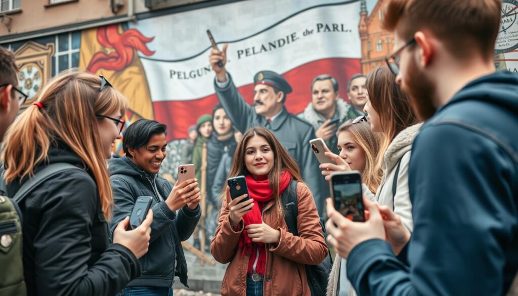 Młodzi ludzie przed muralem patriotycznym - sztuka patriotyczna w dialogu pokoleń Młodzi ludzie przed muralem patriotycznym - sztuka patriotyczna w dialogu pokoleń
