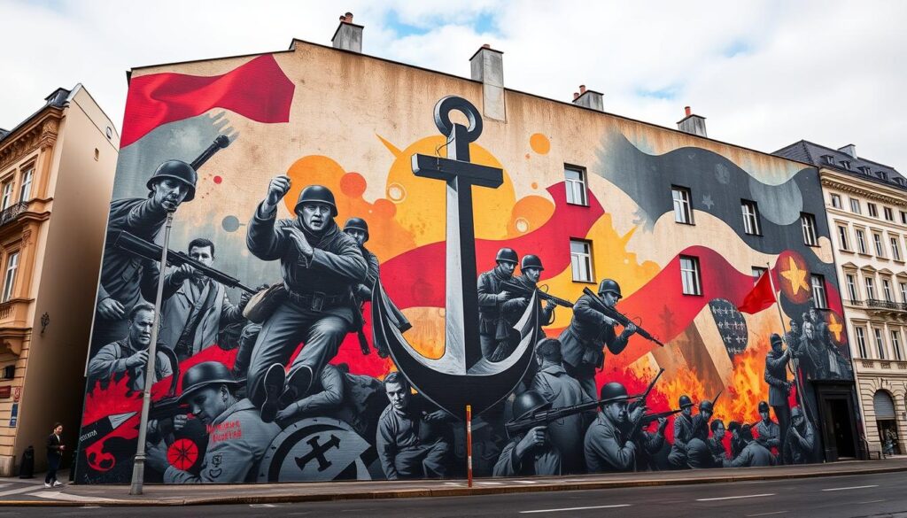 Mural patriotyczny upamiętniający Powstanie Warszawskie na ścianie budynku w Warszawie Mural patriotyczny upamiętniający Powstanie Warszawskie na ścianie budynku w Warszawie