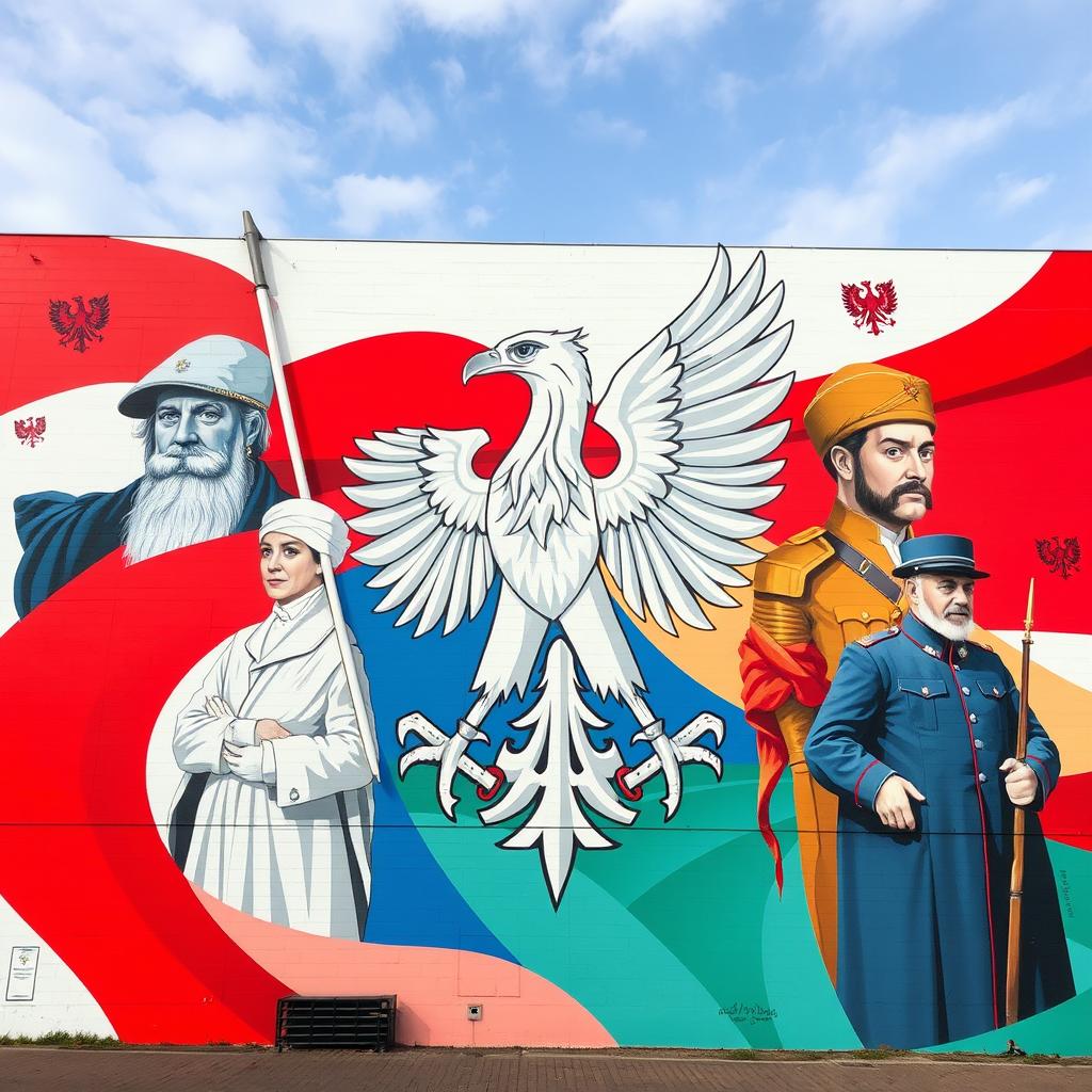 Mural z okazji 100-lecia odzyskania niepodległości - nowoczesna interpretacja symboli narodowych Mural z okazji 100-lecia odzyskania niepodległości - nowoczesna interpretacja symboli narodowych