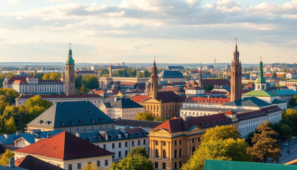 Panorama współczesnego Wilna z widocznymi zabytkami związanymi z Wileńską szkołą malarską Panorama współczesnego Wilna z widocznymi zabytkami związanymi z Wileńską szkołą malarską