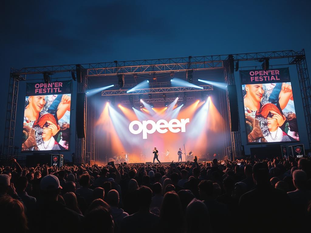 Scena główna festiwalu Open'er w Gdyni z występującym artystą i tłumem fanów Scena główna festiwalu Open'er w Gdyni z występującym artystą i tłumem fanów