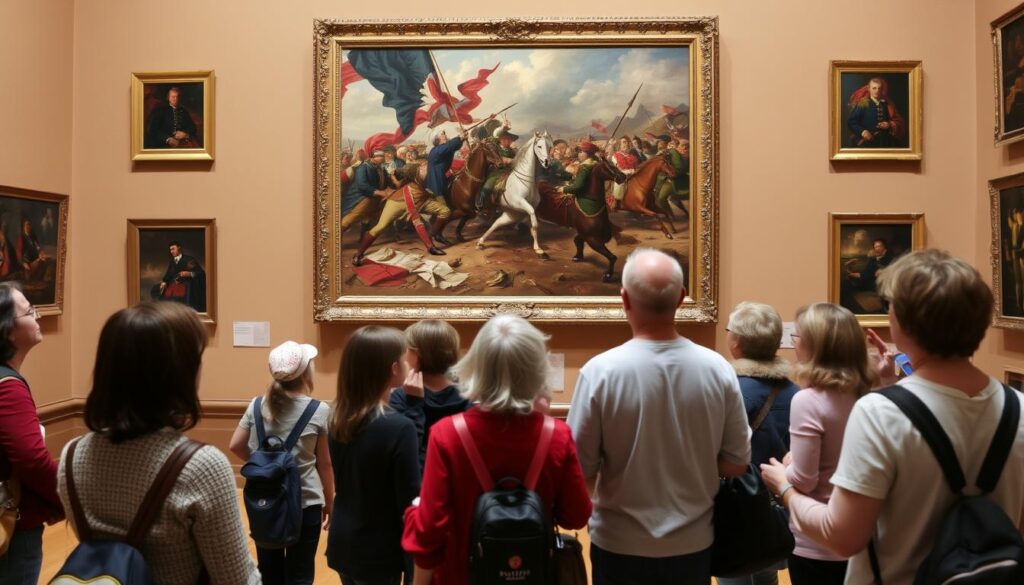 Wystawa sztuki patriotycznej w muzeum - zwiedzający przed obrazem 'Bitwa pod Grunwaldem' Wystawa sztuki patriotycznej w muzeum - zwiedzający przed obrazem 'Bitwa pod Grunwaldem'